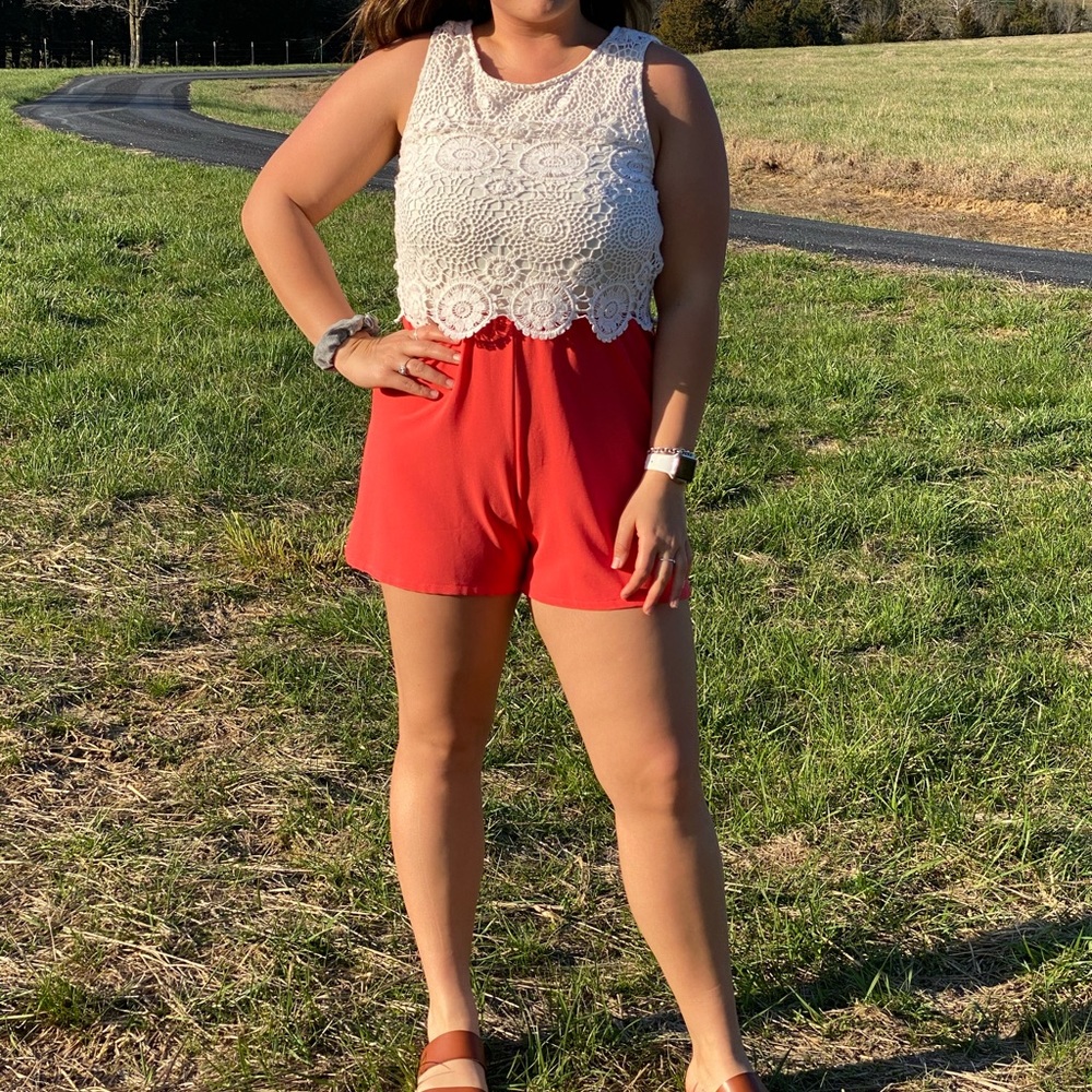 Lace & coral romper